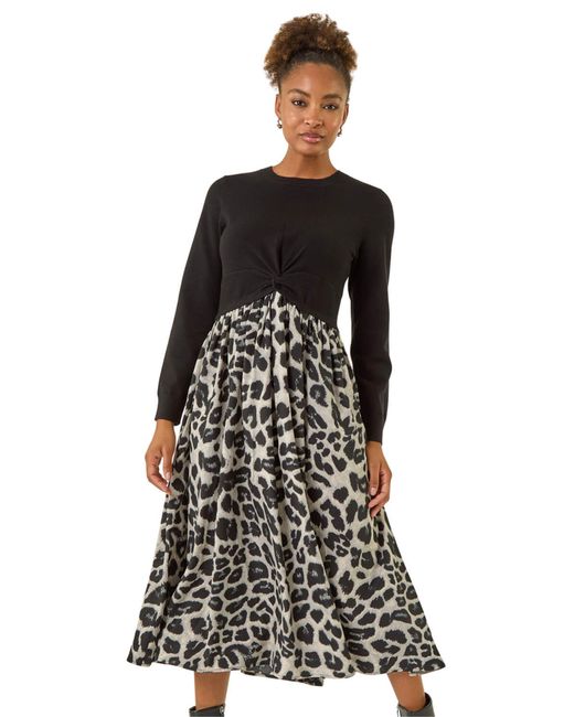 Roman Black Animal Print Twist Front Midi Dress