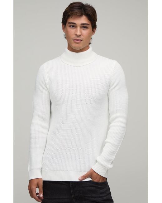BoohooMAN White Muscle Fit Ribbed Roll Neck Knitted Jumper for men