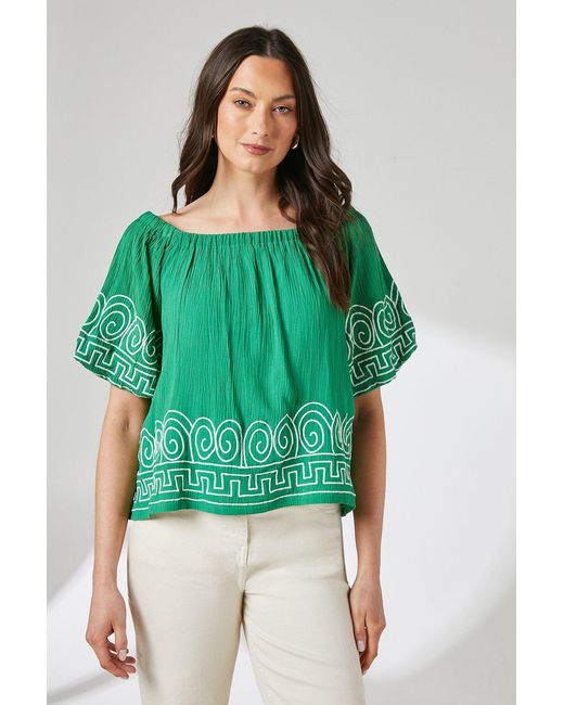 PRINCIPLES Green Crinkle Bardot Bubble Sleeve Top