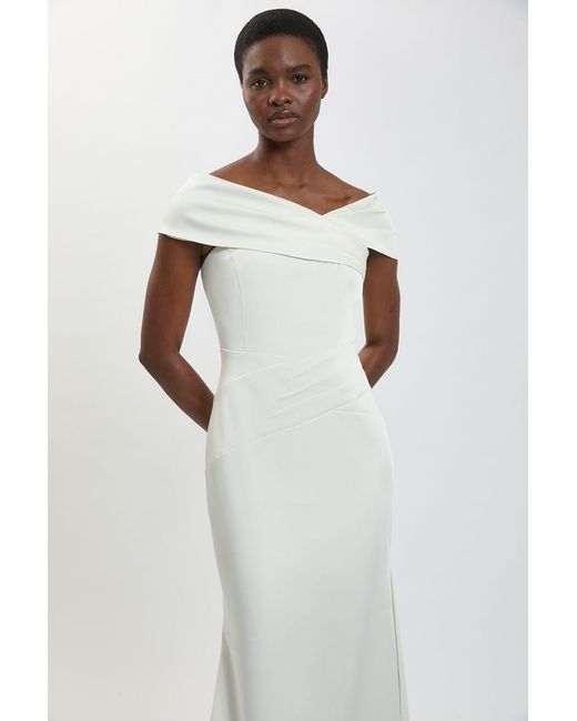 Karen Millen White Tailored Satin Drape Asymmetric Maxi Fishtail Dress