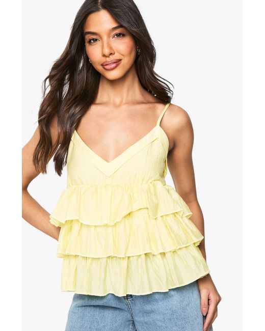 Boohoo Yellow Crinkle Ruffle Layered Cami