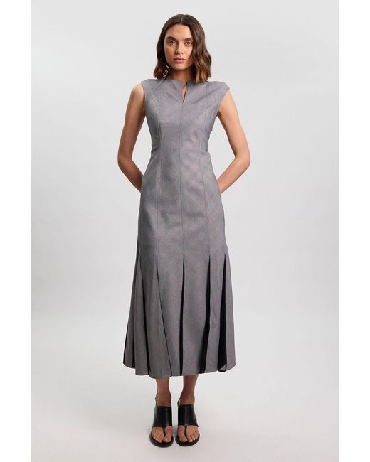 Karen Millen Gray Petite Soft Tailored Check Godet Detail Midi Dress