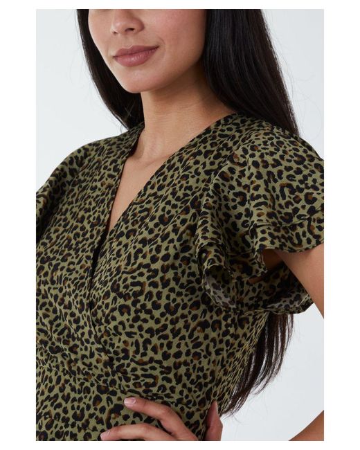 Blue Vanilla Green Leopard Print Wrap Ruffle Mini Dress