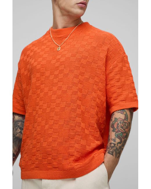 BoohooMAN Orange Oversized Basketweave Stitch Knitted T-Shirt for men
