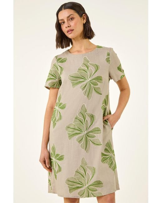 Roman Green Embroidered Floral Shift Dress