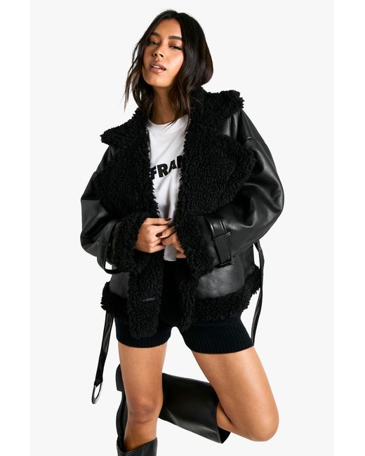 Boohoo Black Luxe Teddy Trim Belted Aviator Jacket