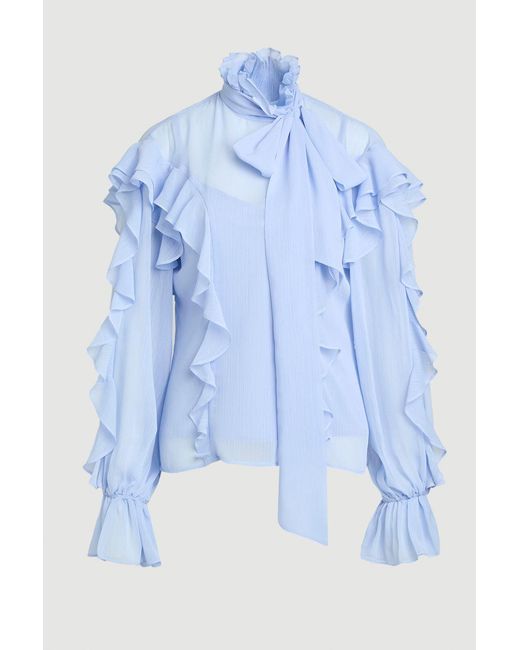Karen Millen Blue Ruffle Front Crinkle Georgette Pussy Bow Blouse