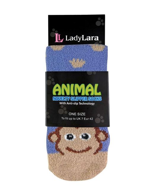 Sock Snob Blue Ladies Fluffy Non Slip Slipper Socks With Animal Designs