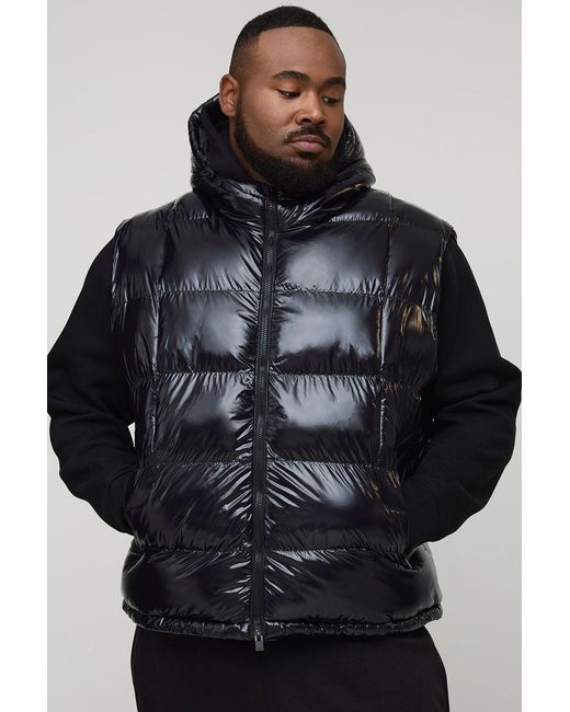 BoohooMAN Black Plus Regular Fit High Shine Quilted Hooded Puffer Gilet for men