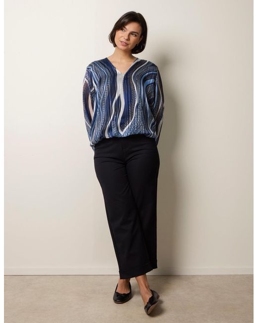 Blue Vanilla Blue Swirl And Dot Print V Neck Metallic Blouse