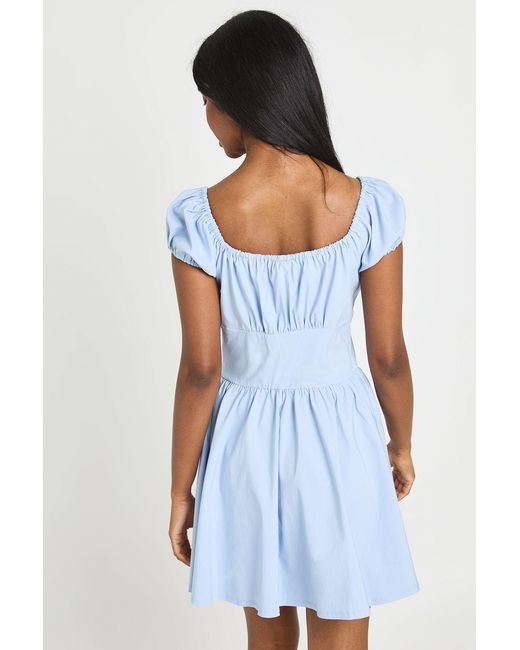 Boohoo Blue Volume Sleeve Milkmaid Mini Dress