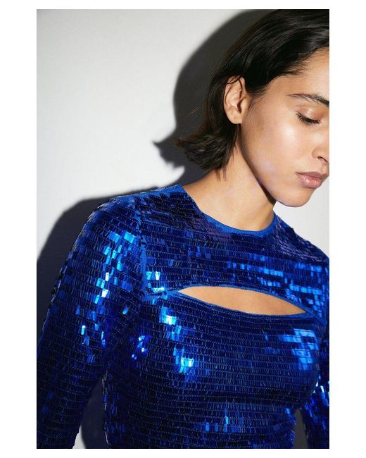 Warehouse Blue Rectangle Sequin Cut Out Top