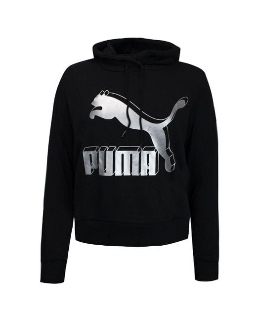 PUMA Black Graphic Logo Long Sleeve Pullover Hoodie 595915 71 Cotton