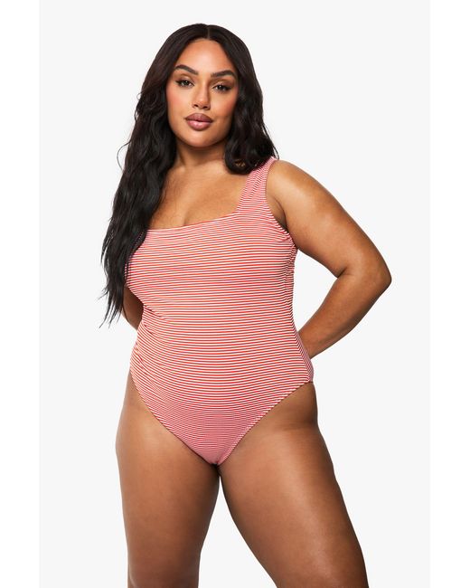 Boohoo Pink Plus Seersucker Stripe Scoop Neck Swimsuit
