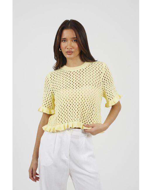 Brave Soul Metallic Open Knit T Shirt With Frill Hem