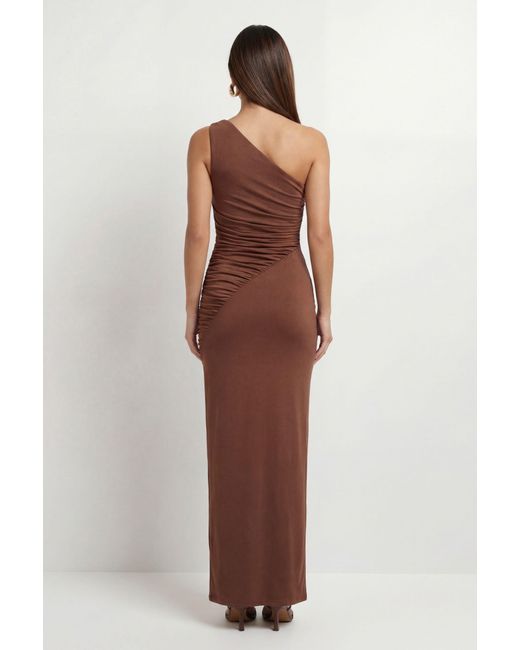 MissPap Brown Ruched Slinky One Shoulder Maxi Dress