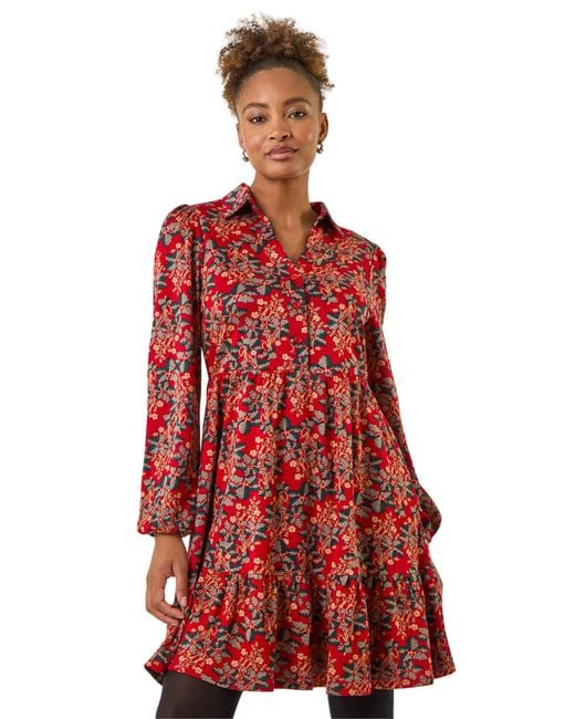 Roman Red Floral Print Button Stretch Dress
