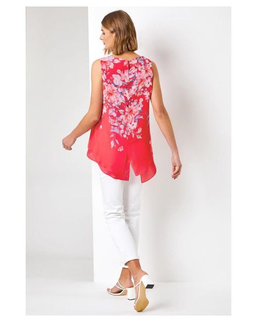 Roman Pink Floral Print Chiffon Overlay Top