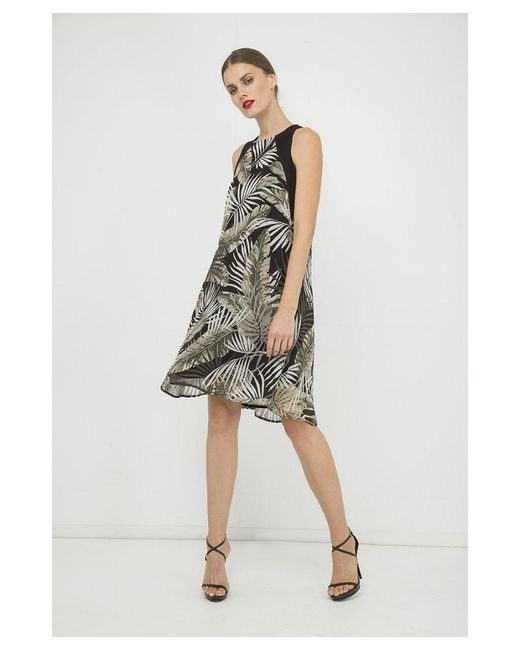 Conquista Black Sleeveless A Line Print Chiffon Dress