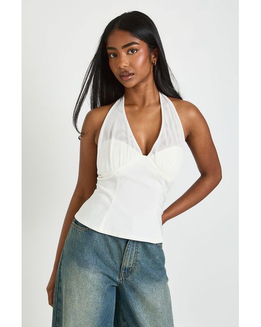 Boohoo White Mesh Halterneck Bengaline Top
