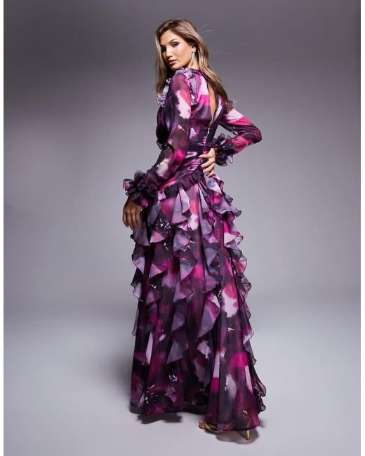 ASOS Purple Organza Long Sleeve Exaggerated Ruffle Maxi Dress