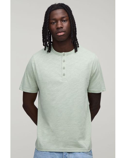 BoohooMAN Green Slim Fit Slub Henley T-Shirt for men