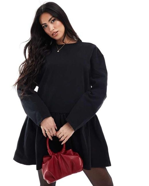 Miss Selfridge Black Long Sleeve Tie Neck Denim Tee Dress