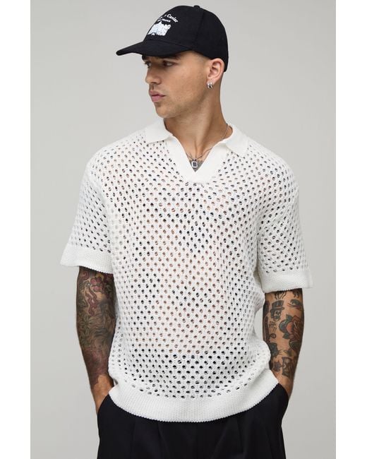 BoohooMAN White Relaxed Open Stitch Knitted Polo for men