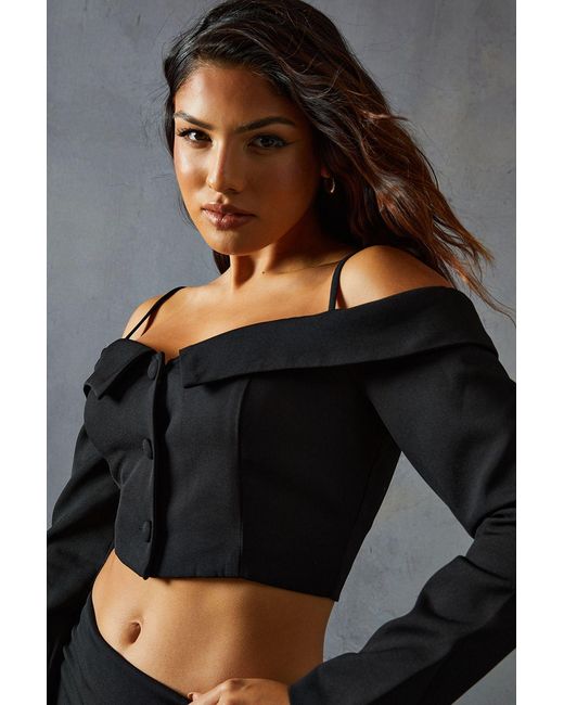 MissPap Black Tailored Bardot Button Down Top