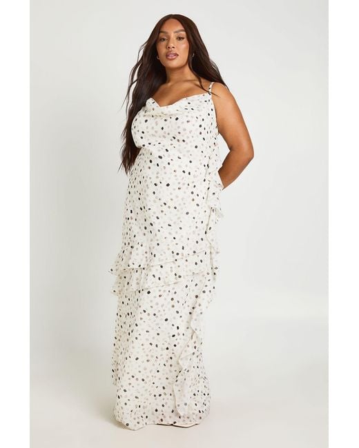 Boohoo Natural Plus Polka Dot Chiffon Cowl Ruffle Maxi Dress