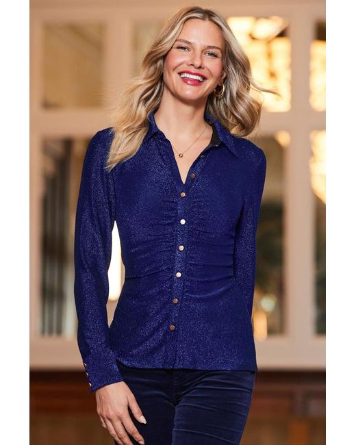 Sosandar Blue Midnight Metallic Jersey Ruched Detail Shirt