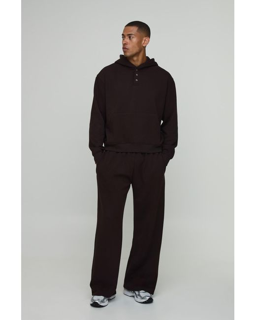 BoohooMAN Black Oversized Boxy Henley Hoodie And Wide Leg Jogger for men