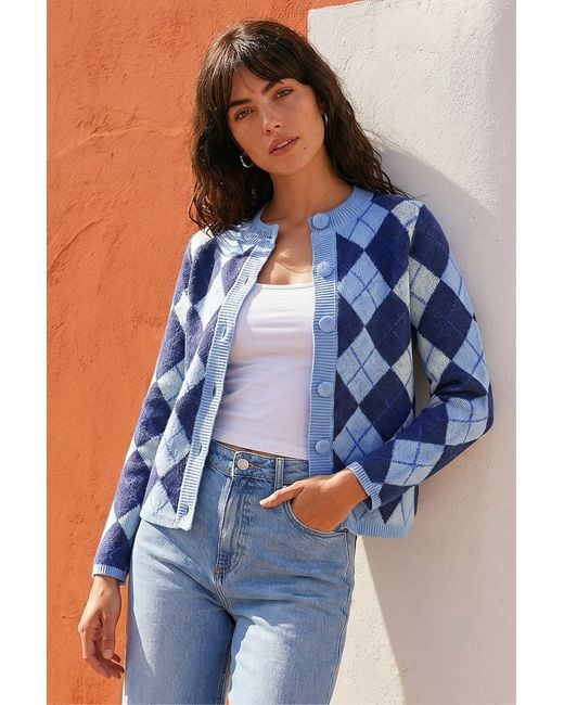 Roman Blue Argyle Buttoned Knit Cardigan