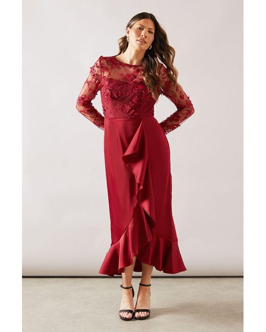 Wallis Red Occasion Satin And Mesh Overlay Ruffle Maxi Dress