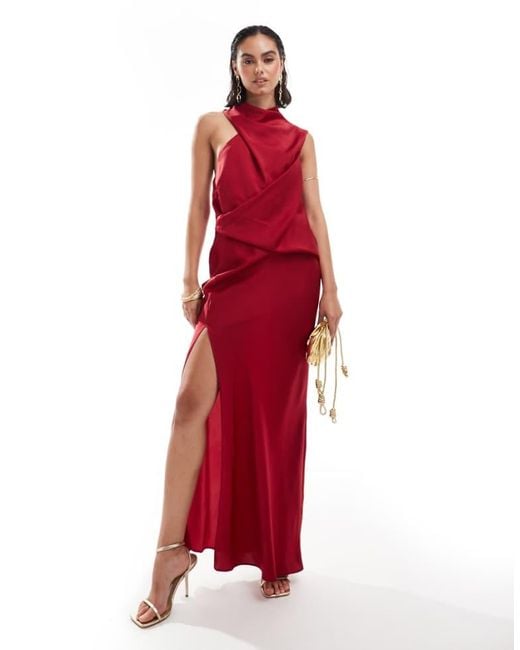 ASOS Red Satin Asymmetric Neck Maxi Dress With Puddle Hem