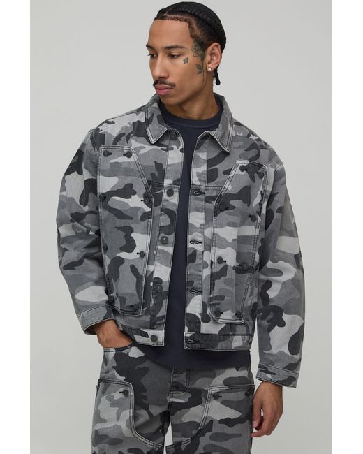 BoohooMAN Gray Camo Removable Carpenter Panel Regular Fit Denim Jacket for men