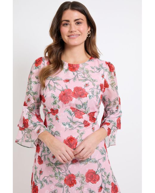 Wallis Red Floral Burn Out Ruffle Sleeve Midi Dress