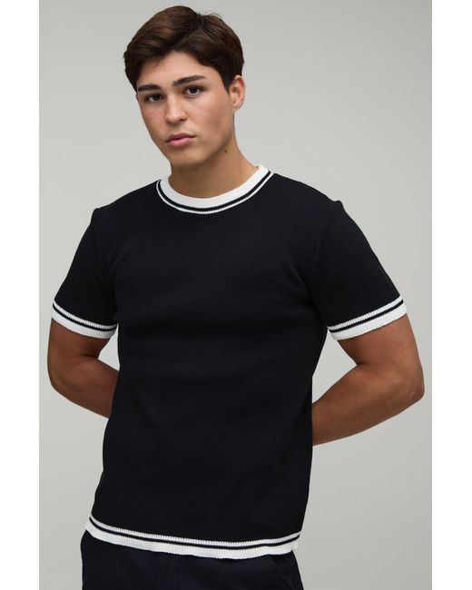 BoohooMAN Black Muscle Fit Cotton Blend Tipped Knitted T-Shirt for men