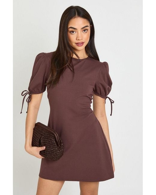 Boohoo Brown Cotton Tie Cuff Tshirt Dress