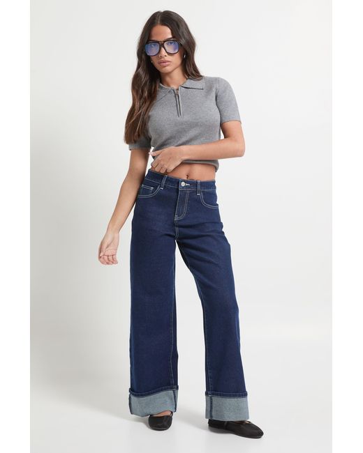 Boohoo Blue Petite Turn Up High Waist Straight Leg Jean