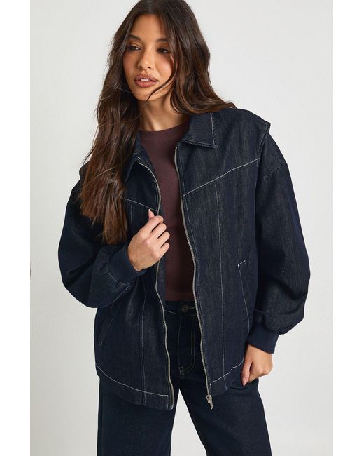 Boohoo Blue Contrast Stitch Denim Bomber Jacket