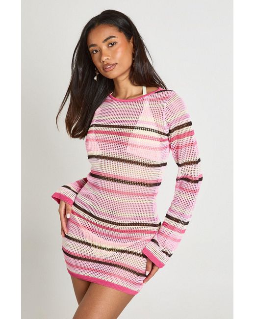 Boohoo Pink Beach Crochet Stripe Knit Mini Dress