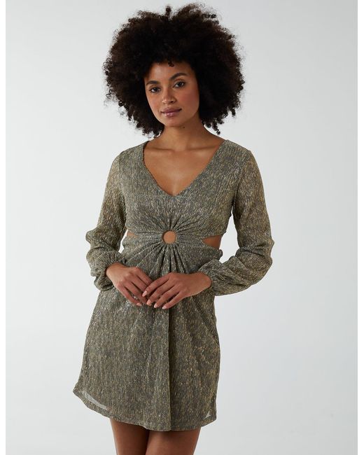 Blue Vanilla Metallic V-Neck Long Sleeve Lurex Dress