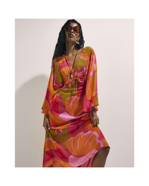 River Island Red Leaf Print Kaftan Dress Viscose