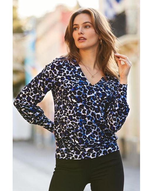 Sosandar Blue Print V Neck Blouson Sleeve Top Viscose