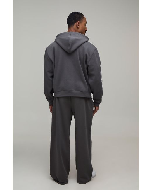 BoohooMAN Gray Oversized Boxy Tokyo Moto Print Zip Through Hoodie Cotton for men