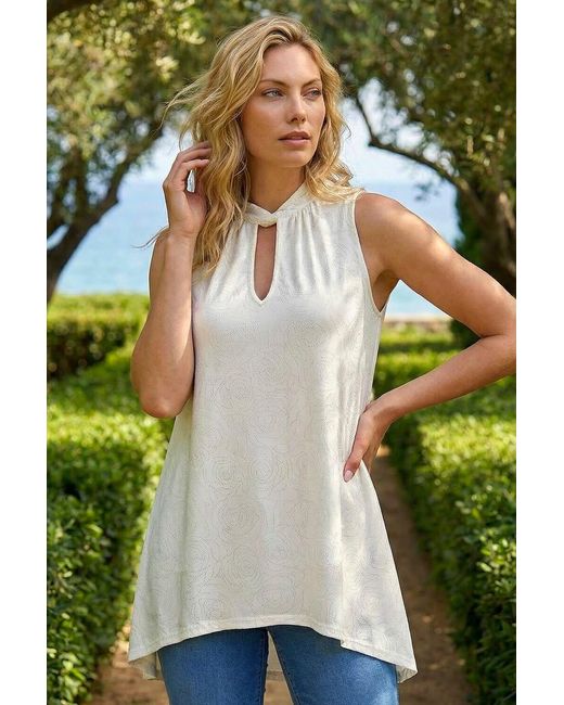 Roman White Foil Rose Twist Neck Top