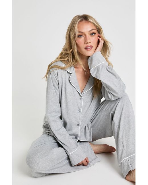 Boohoo Gray Petite Jersey Piping Detail Long Sleeve Shirt & Trousers Pyjama Set