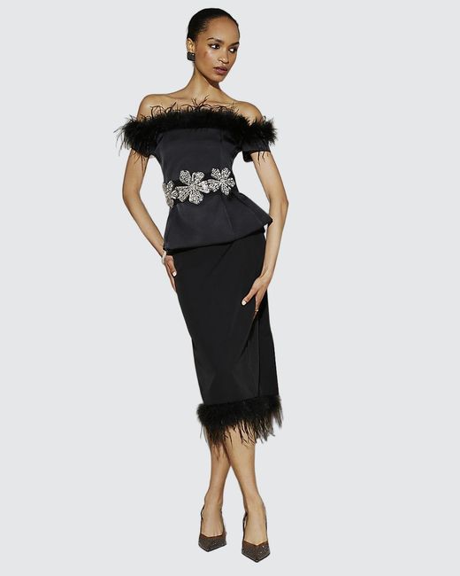 River Island Black Bardot Top Feather Trim