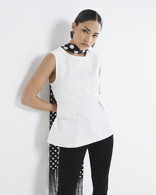 River Island White Top Petite Peplum Crew Neck Cotton